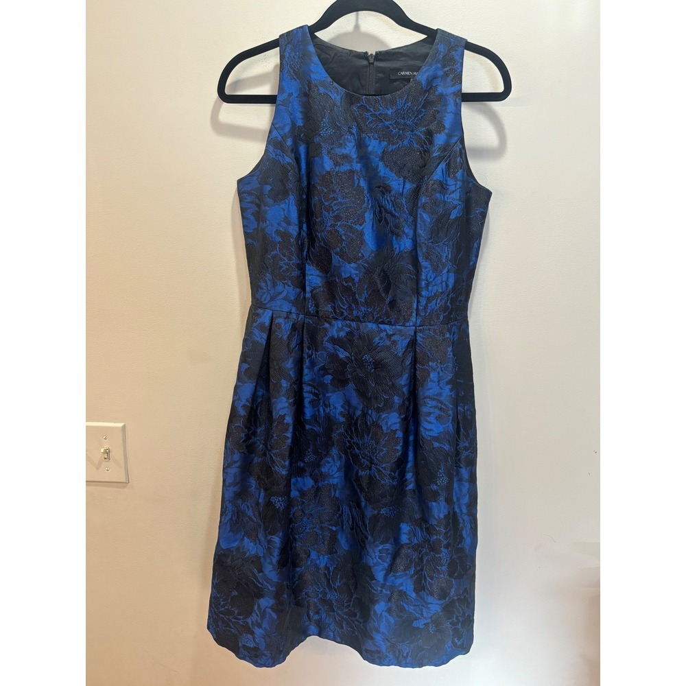 Carmen Marc Valvo Blue Black Floral Brocade‎ Sleeveless A Line Dress Size 8
